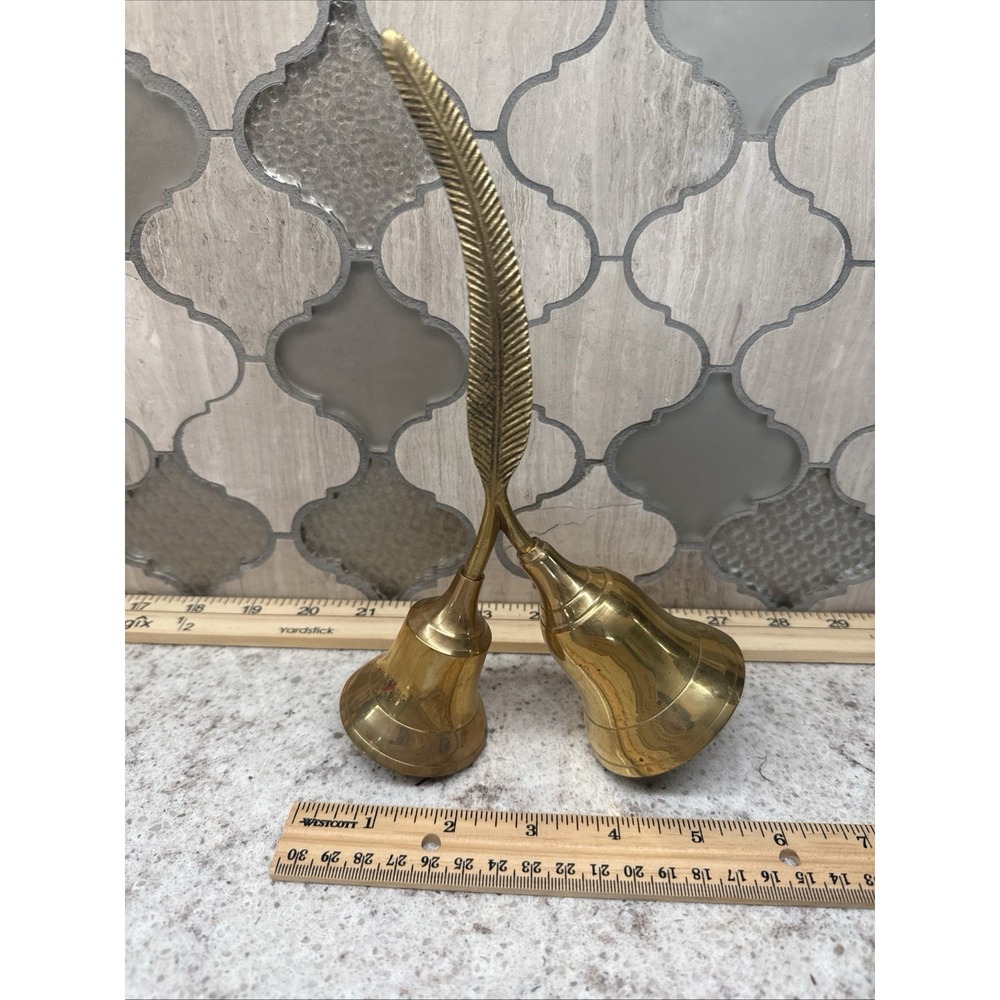 Vtg Enesco India Solid Brass Double Hand Bell Ornate Feather Handle 8.5" H 👀🚨
